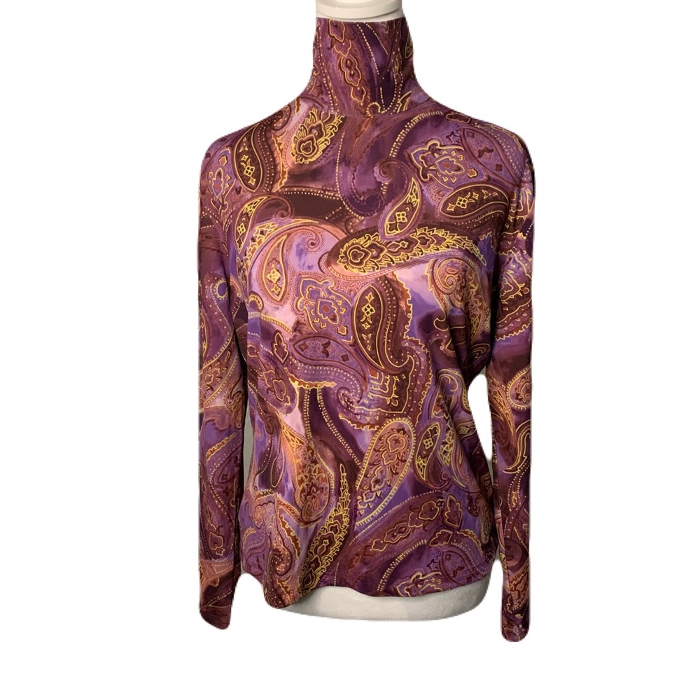 St. John Sport Small Purple Paisley Stretchy Long Sleeve Luxury Turtleneck Top